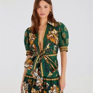 Green Floral Tie-Front Women's Dress